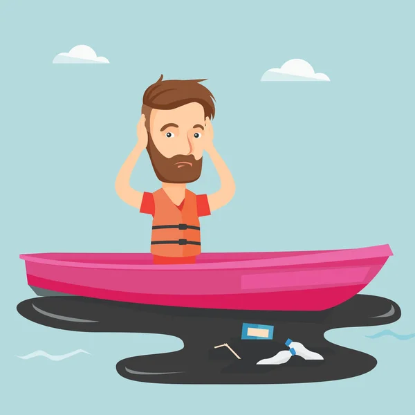 Man floating in a boat in polluted water. — Stock Vector