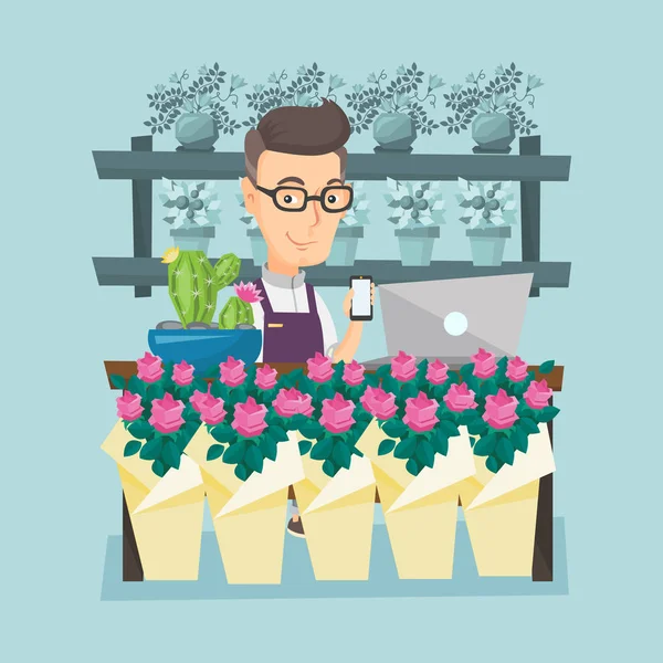 Florista em flor loja vetor ilustração . — Vetor de Stock
