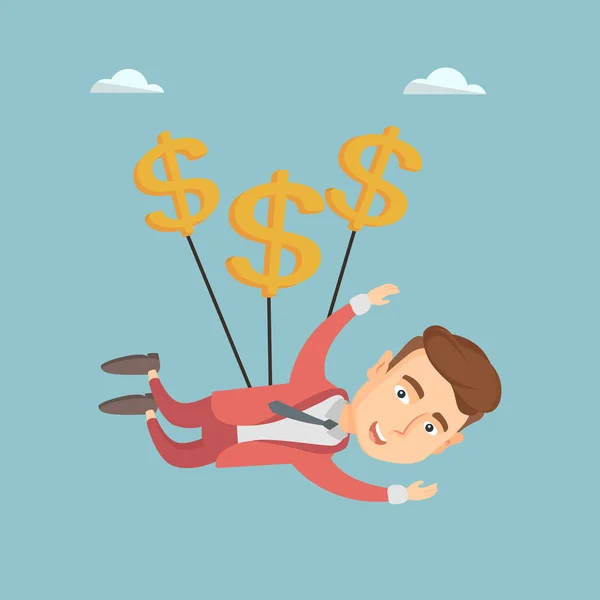 Hombre de negocios volando con signos de dólar . — Vector de stock