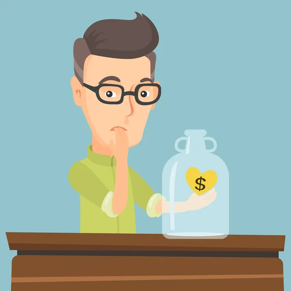 Bankrupt man looking at empty money box — Stock Vector
