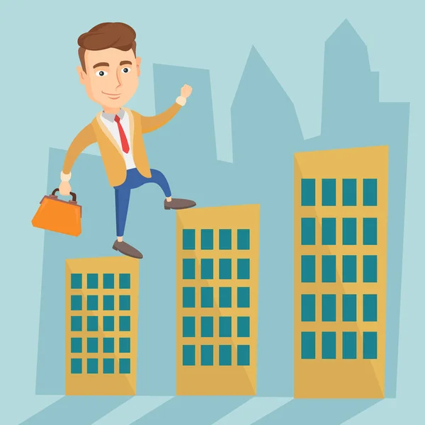 Homme d'affaires marchant sur les toits des bâtiments . — Image vectorielle