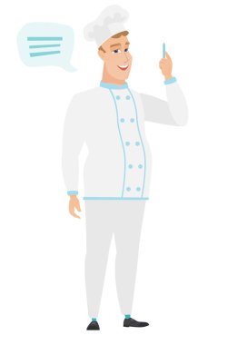 Genç Beyaz şef aşçı ile konuşma balonu.