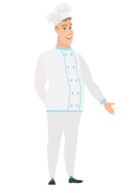 Beyaz şef aşçı cebinde el ile.