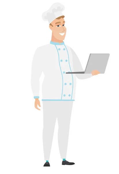 Chef cuisinier en utilisant l'illustration vectorielle ordinateur portable . — Image vectorielle