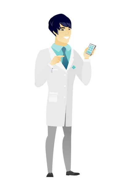Asiatique médecin tenant un téléphone mobile . — Image vectorielle