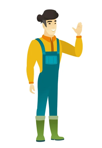 Fiatal ázsiai farmer, intett a kezével. — Stock Vector