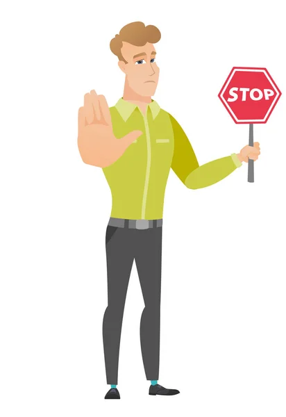 Caucasian businessman holding stop road sign. — Stock Vector