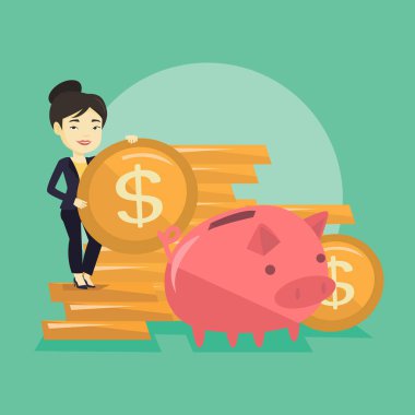 İş kadını domuzcuk bankada para koyarak.