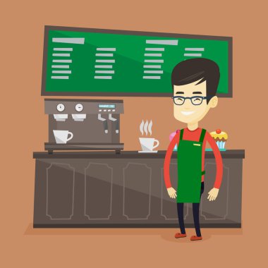 Barista ayakta yakınındaki kahve makinesi.