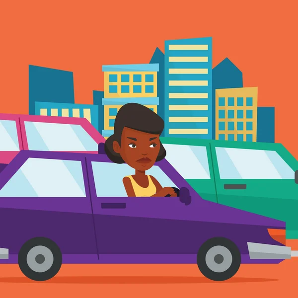 Mujer africana enojada en coche atrapado en el atasco de tráfico . — Archivo Imágenes Vectoriales