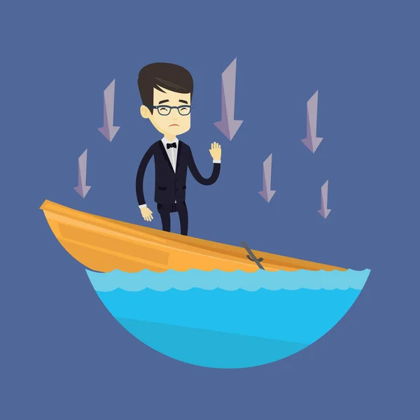 Uomo d'affari in piedi in barca che affonda . — Vettoriale Stock
