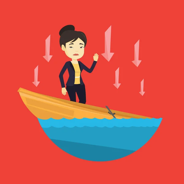 Business woman standing in sinking boat. — Stock Vector