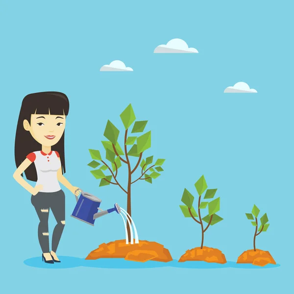 Üzleti nő öntözés fák vektoros illusztráció. — Stock Vector