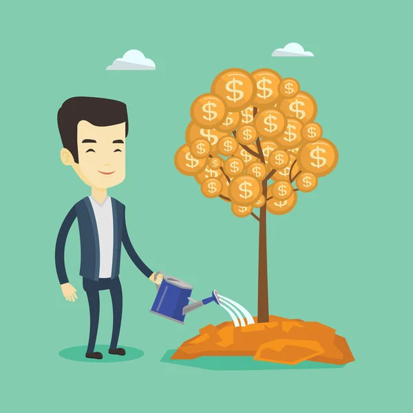 Homem molhando dinheiro árvore vetor ilustração . — Vetor de Stock