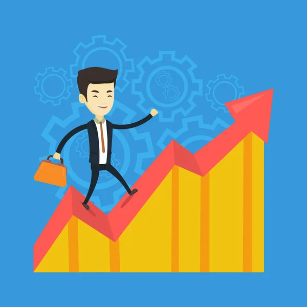 Glücklicher Geschäftsmann, der auf dem Gewinndiagramm steht. — Stockvektor