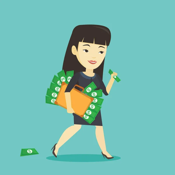 Femme d'affaires avec mallette pleine d'argent . — Image vectorielle