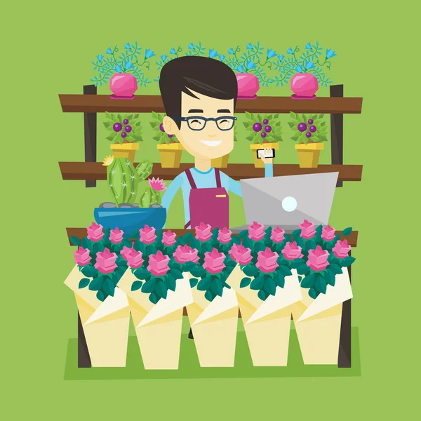 Propietario de floristería hablando por teléfono . — Vector de stock