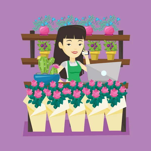 Propietario de floristería hablando por teléfono . — Vector de stock