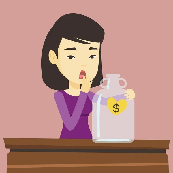 Bankrupt woman looking at empty money box — Stock Vector