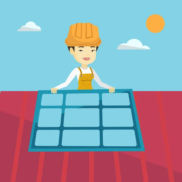 Constructor installing solar panel. — Stock Vector