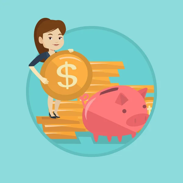 Mujer de negocios poniendo moneda en alcancía . — Vector de stock