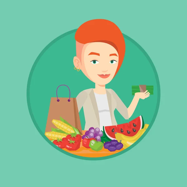 Mujer de pie en la mesa con bolsa de compras . — Vector de stock