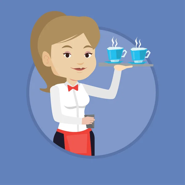 Garçonete segurando bandeja com xícaras de café ou chá . —  Vetores de Stock