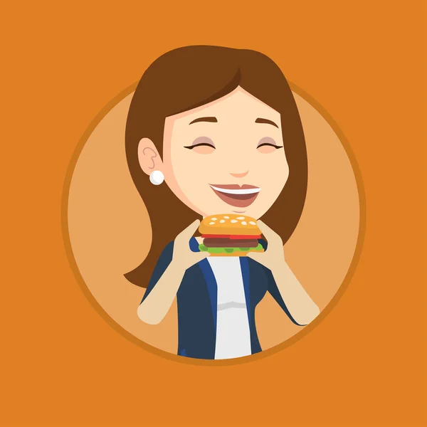 Wanita makan hamburger vektor ilustrasi . - Stok Vektor