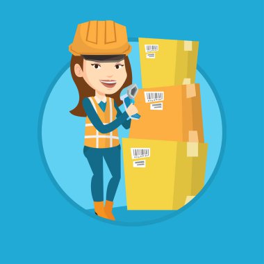 İşçi tarama barkod kutusu üzerinde ambar.