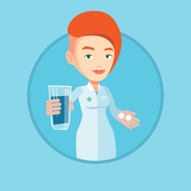 Eczacı hapları ve su vererek.