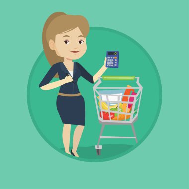 Kadın Müşteri Hesap makinesinde sayma.