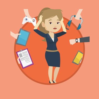 Genç kadın onun gadget'lar ile çevrili.