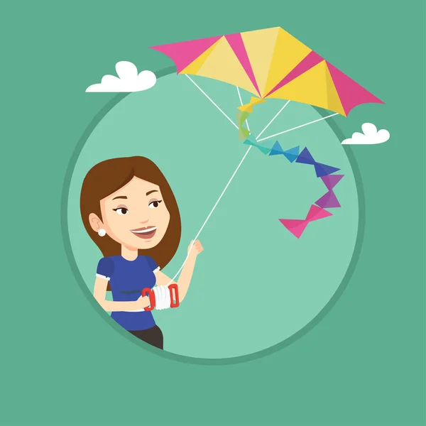 Young woman flying kite vector illustration. — Stock Vector