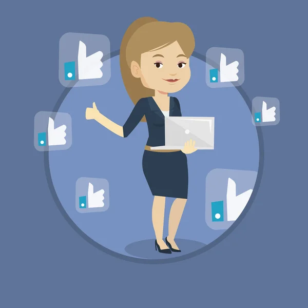 Mujer con botones de redes sociales . — Vector de stock