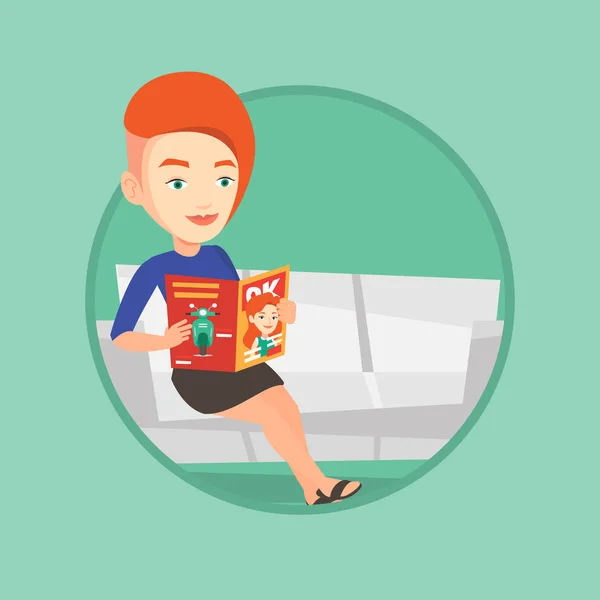 Donna che legge rivista su divano vettoriale illustrazione — Vettoriale Stock