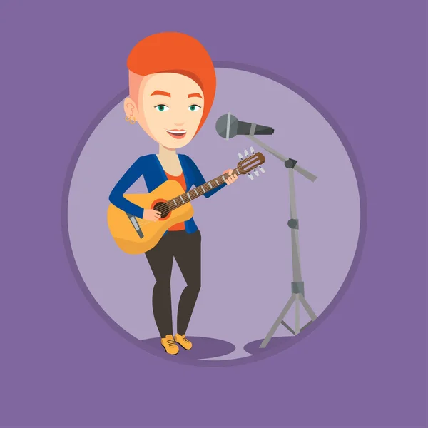 Woman singing in microphone and playing guitar. — Stock Vector