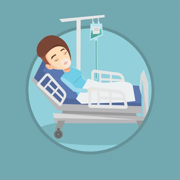Patient lying in hospital bed with oxygen mask.