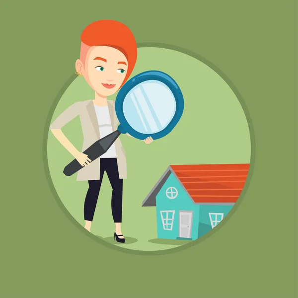 Mujer buscando ilustración vectorial de casa . — Vector de stock