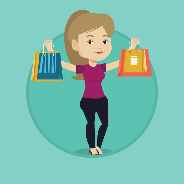 Mujer feliz sosteniendo bolsas de compras. — Vector de stock