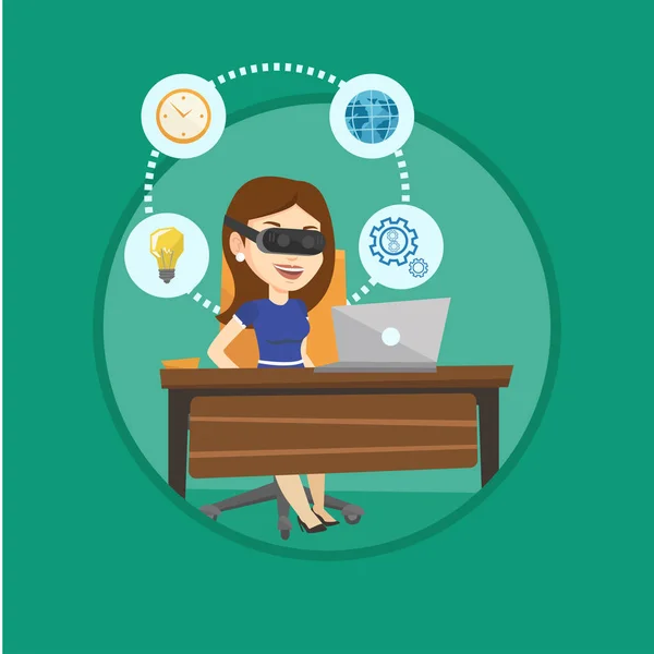 Business woman in vr headset working on computer. — Stock Vector