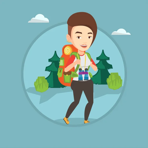 Woman with backpack hiking vector illustration. — Stock Vector
