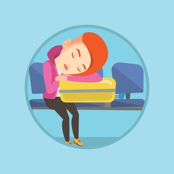 空港でスーツケースで寝ている疲れの女性. — ストックベクタ