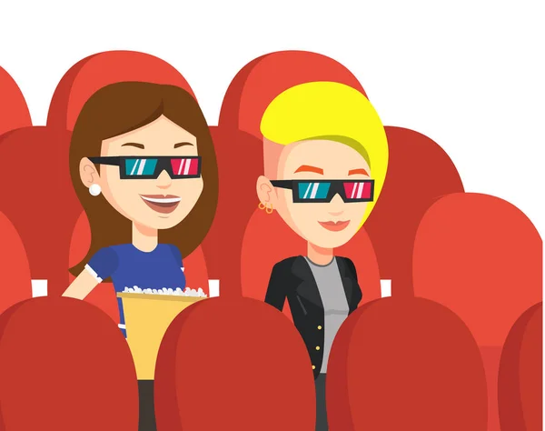 Amigos felizes assistindo filme 3D no teatro . — Vetor de Stock