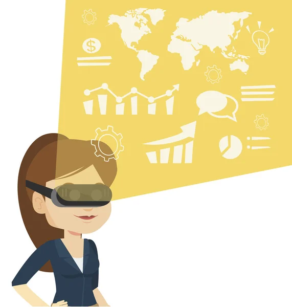 Zakenvrouw in vr headset virtuele data analyseren — Stockvector