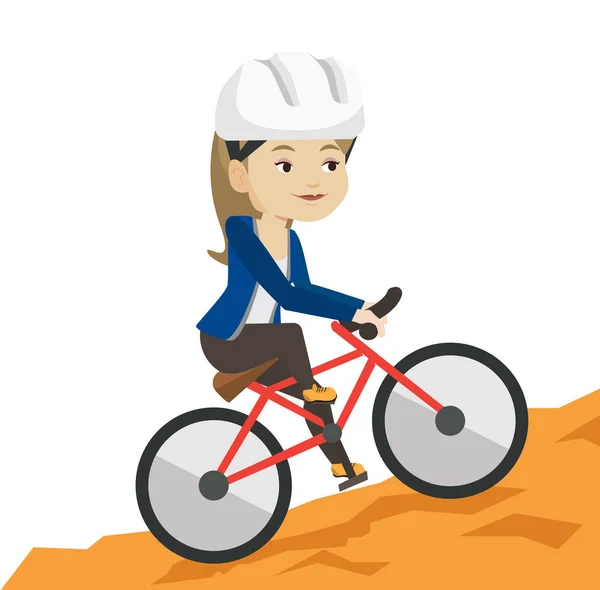 Jovem mulher de bicicleta viajando nas montanhas . — Vetor de Stock