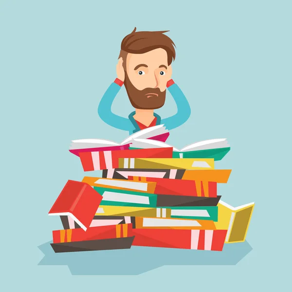 Student sitting in huge pile of books. — Stock Vector