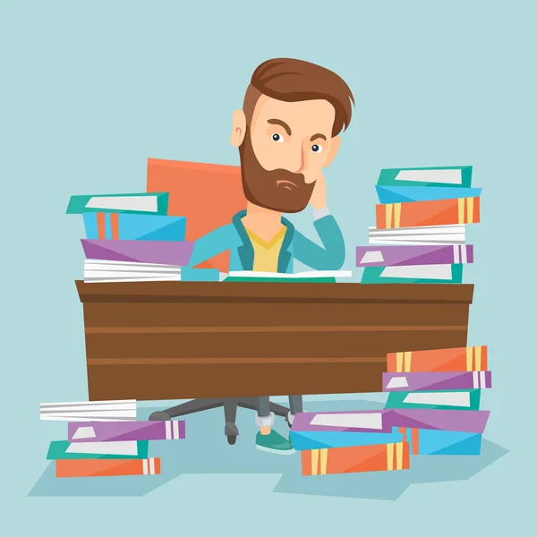 Student sitting at the table with piles of books. — Stock Vector