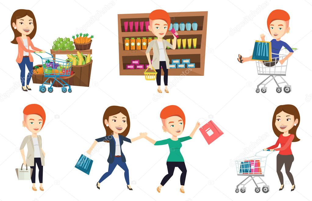 Vector set of shopping people characters.