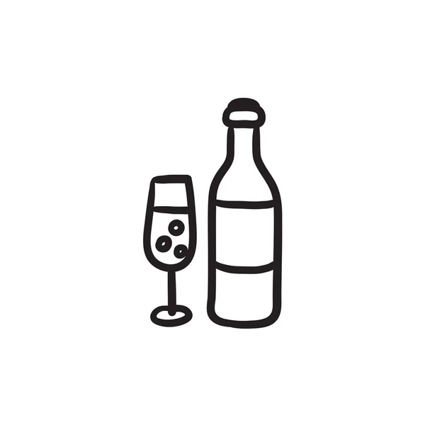 Botella y copa de champán icono del boceto . — Vector de stock