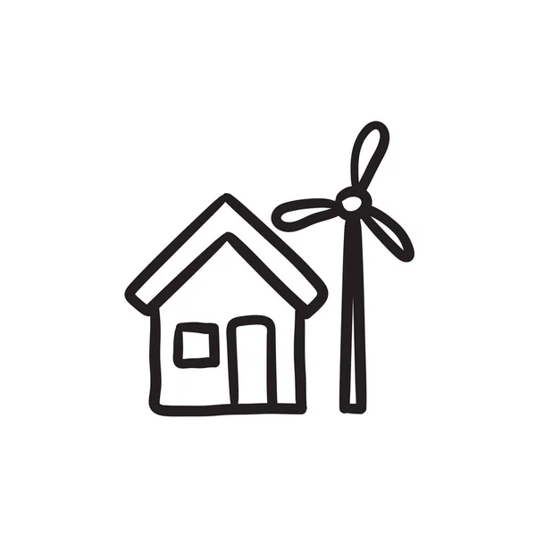 Casa con icono de boceto de molino de viento . — Vector de stock